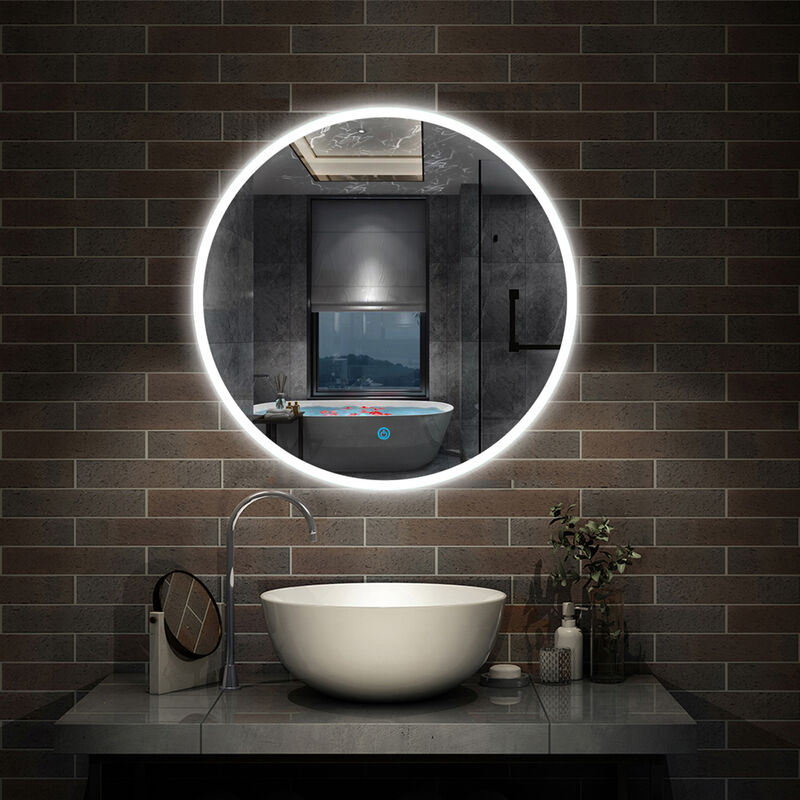 600x600 Round Bathroom Mirror with led Lights,Anti-fog,Touch Sensor,Cool White Light,Wall Mounted,IP44-1.5cm