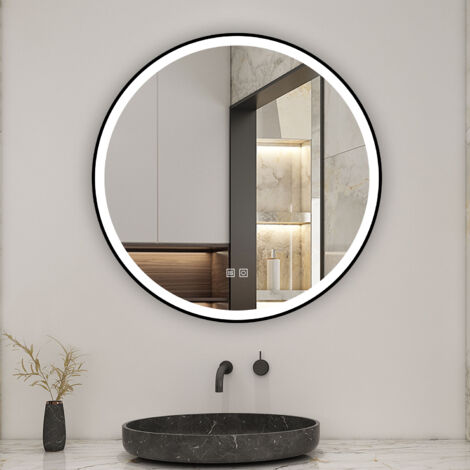 Round Black Frame Bathroom mirror 800x800mm with Dimmable Led Lights,Anti-fog,Memory Function