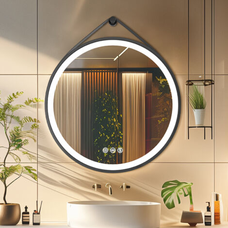 Round Black Framed Bathroom Mirrors with Microfiber Leather Hanging Strap - 60cm