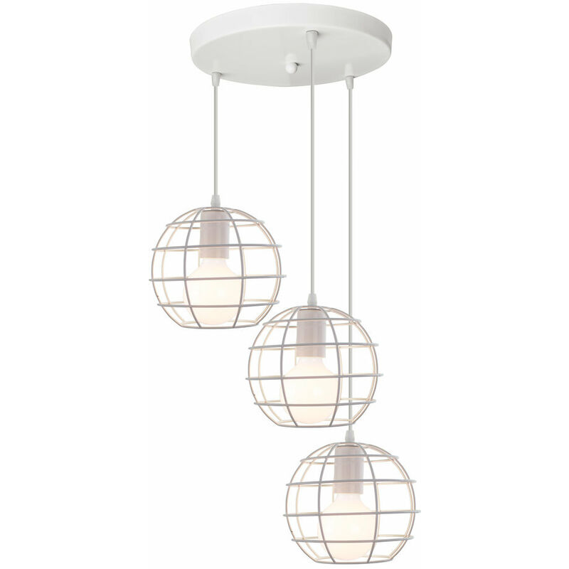 Round Cage Pendant Light Antique Industrial White Ceiling Light Metal 3 Lights Pendant Lamp for Cafe Bar Club
