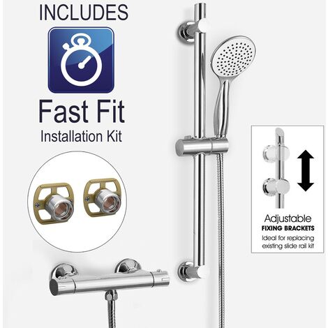 BUYAPARCEL Round Chrome Thermostatic Shower Mixer Bar Valve & Slider Rail Kit Handset + FFK