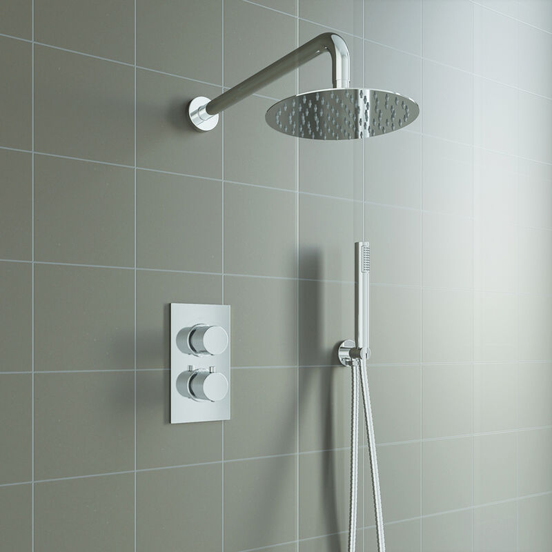Aica Sanitaire - aica Round Chrome Thermostatic Shower Mixer Bathroom Concealed Twin Head Valve Set