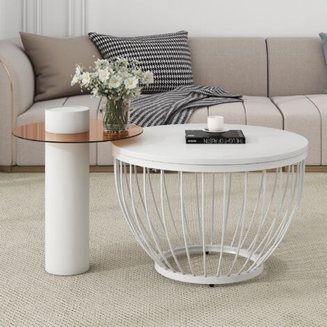 ABRIHOME Round Coffee Table, Modern Coffee Table Set of 2 Melamine Veneer Desktop with Metal Frame Tempered Glass