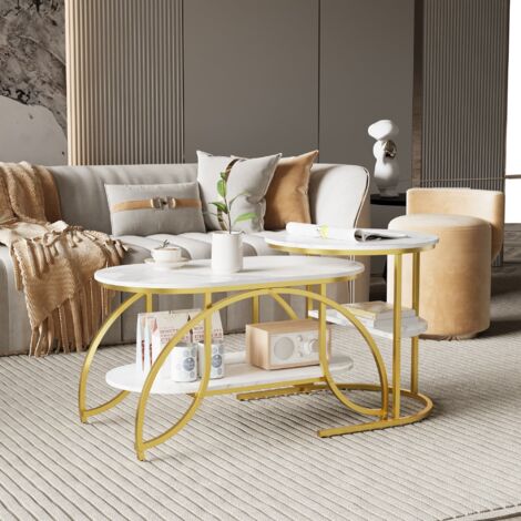 Round Coffee Table set of 2,living room Sofa table,Marble Texture Design,Metal Frame,for Living Room,Modern Nesting Tables,Or