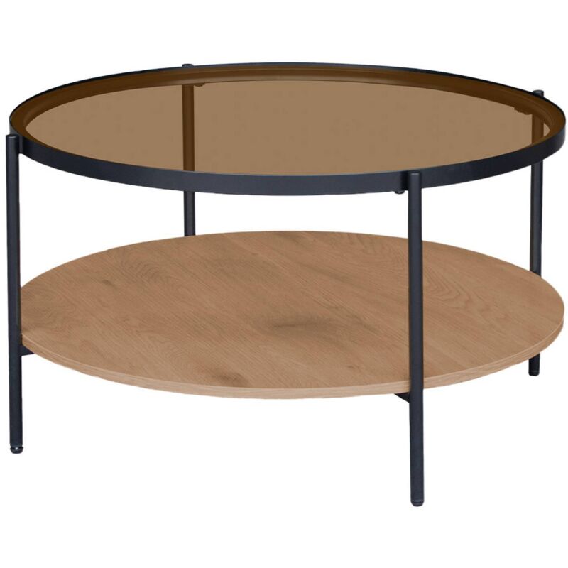 Sweeek Round Coffee Table With Double Glass Top, Wood Decor And Metal, Natural, 84x84x45.5 Cm - Smooky