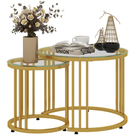 Round Coffee Tables Set of 2, Nesting Tables with Tempered Glass Top and Steel Frame, 60cmx60cmx47cm, Gold Tone