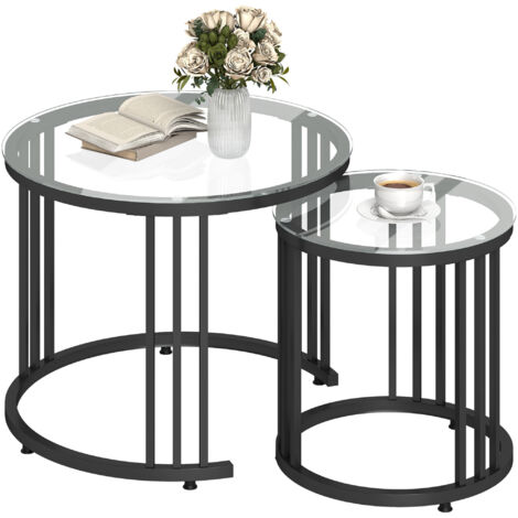 Round Coffee Tables Set of 2, Nesting Tables with Tempered Glass Top and Steel Frame, Black