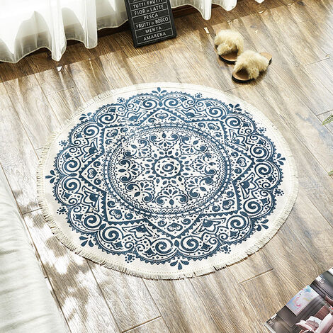 main image of "Round Cotton Rug 90cm Hand-woven Machine Washable Floor Mat with Tassel for Home Kitchen, Living Room, Bedroom (diameter 90cm)"