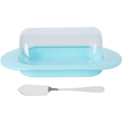 Round Edge Plastic Butter Storage Box Cheese Dessert Bread Server Keeper with Transparent Cover KnifeBlue
