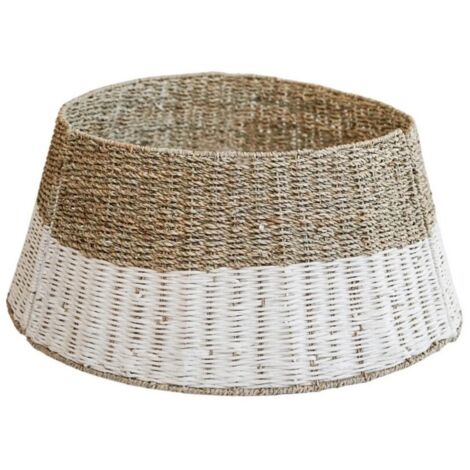 Round Foldable Wicker and White Tree Skirt - L70 x W70 x H26 cm - Brown