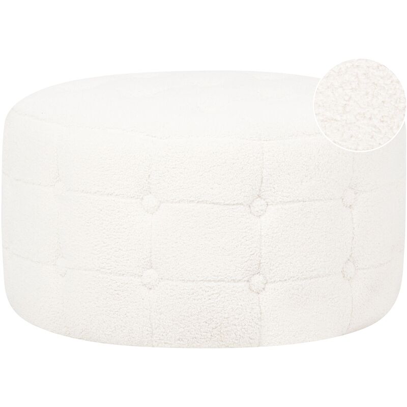 Round Footstool Button-Tufted Boucle Fabric Bedroom Living Room White Tampa