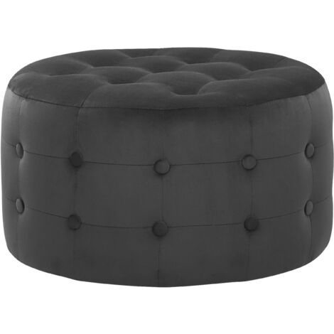 Round Footstool Button-Tufted Velvet Fabric Bedroom Living Room Black Tampa