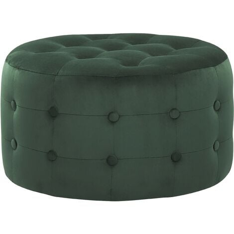 Round Footstool Button-Tufted Velvet Fabric Bedroom Living Room Dark Green Tampa - Green