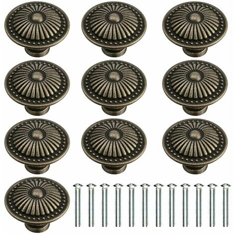 Round Furniture Knob, Set of 10 Antique Bronze Flower Drawer Knobs Knob with Screws, 24mm