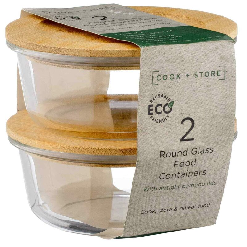 Image of Round Glass Food Containers with Bamboo Lid 2pk Kitchen Food Storage