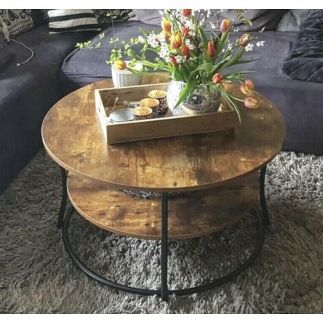 Round Industrial Coffee Table Rustic Metal Furniture Vintage Side Storage Shelf