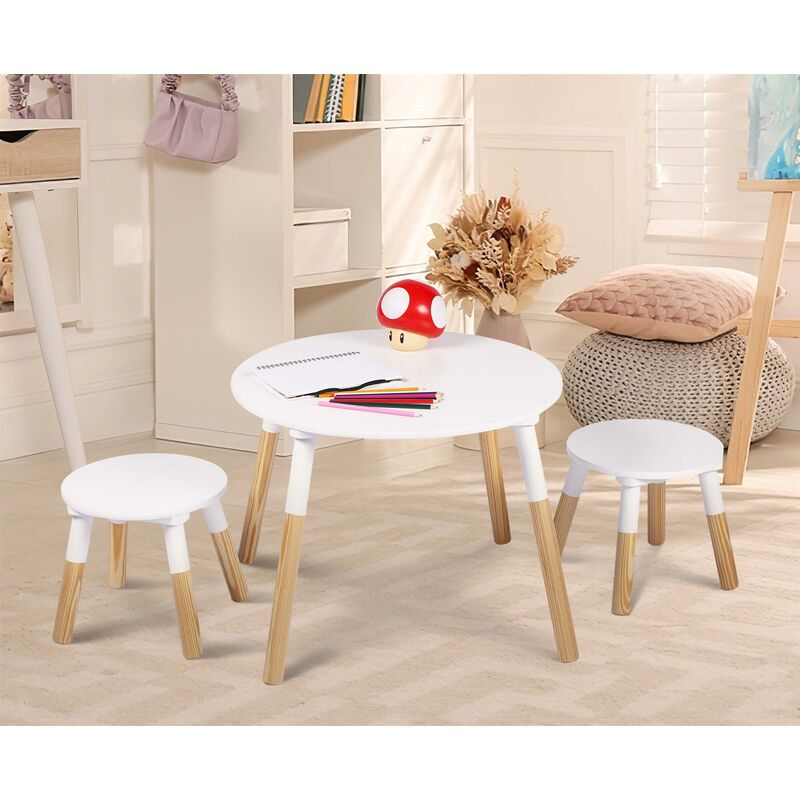 Round Kids Table With 2 Stools White And Brown Wooden Kids Table Kids Chairs