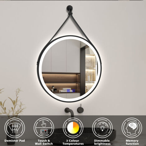 Round LED Mirror Black Frame Leather Strap Illuminated Bathroom Mirror with Lights, Touch Control, Brightness Adjustable and Color Changing, 800mm
