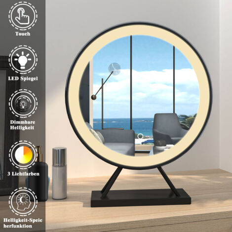 Round Makeup Silver Mirror Black Frame With 3 Colors LED Lights,Touch Sensor Control,475400MM,Removable Placement