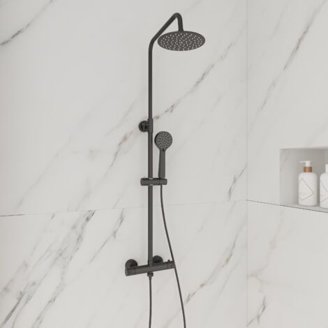 Round Matt Black Thermostatic Shower Kit with Fixed Head and Handset