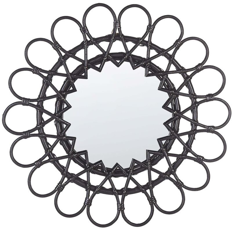 Beliani - Round Modern Rattan Frame Wall Mirror Sunburst Ø 60 Cm Black Babai