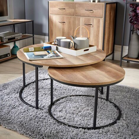 Round Nest of 2 Coffee Tables Stackable Side Tables Unit Oak Effect Finish