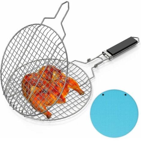 Round Portable Stainless Steel BBQ Basket with Detachable and Secure Locking Handle, Outdoor BBQ Accessories, Vegetables, Fish, Shrimp