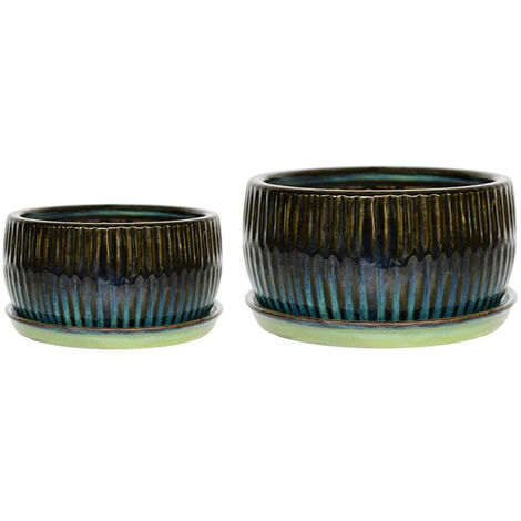 Round Reactive Glaze Bonsai Planter Set of 2 - Cement - L24.5 x W24.5 x H12 cm - Emerald