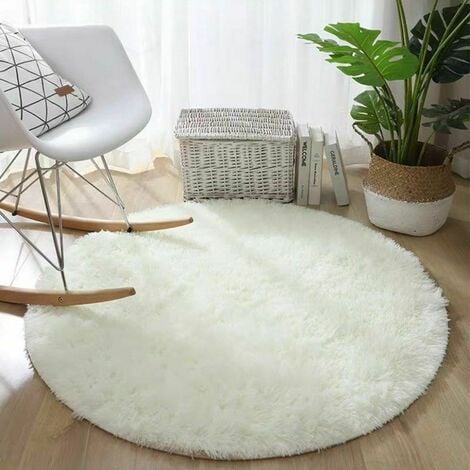 Round Rug Living Room Shaggy Bedside Rug Bedroom Large Size Soft Carpet Area Rug for Bedroom Modern Style Decorative Rug for Living Room Bedroom Sofa Mat(White,Ø 40cm Round)