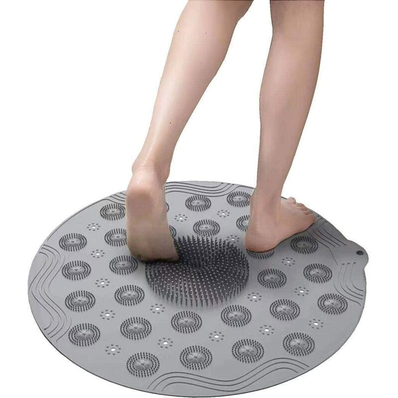 Round Shower Mat Non-Slip Bath Mat with Suction Cup, 46 × 46 cm (18.1 x 18.1 inch), Soft Mold-Proof Shower Mat with Drain Hole, Silicone, Machine