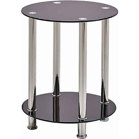 Round Side Table, Glass Sofa Side Table for Living Room, 2-Tier Small Coffee Table with Glass Top and Chrome Legs(Black)