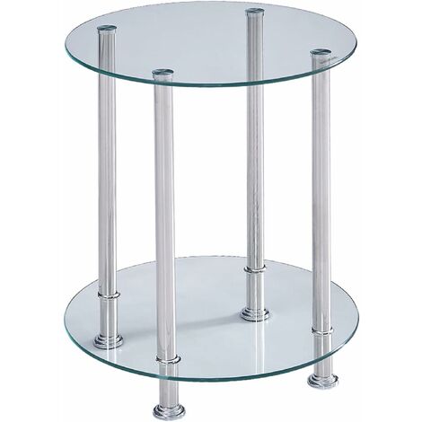 Round Side Table, Glass Sofa Side Table for Living Room, 2-Tier Small Coffee Table with Glass Top and Chrome Legs(Clear)