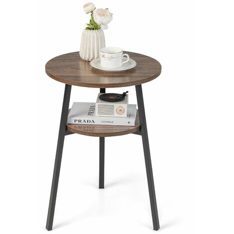 Round Side Table Wooden 2-Tier Sofa End Beside Accent Table W/ Storage Shelf