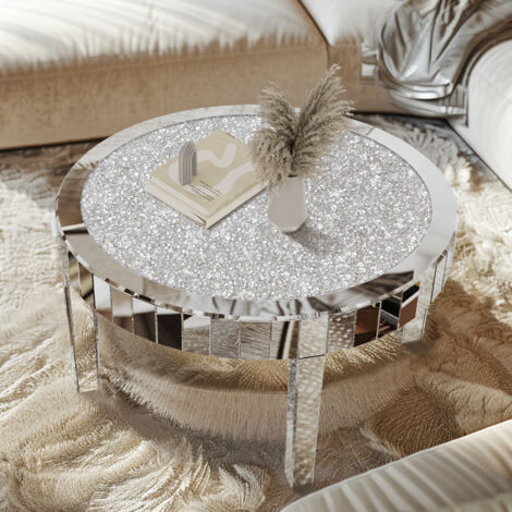 Round Silver Mirrored Coffee Table with Crystal Diamonds Inlay Accent Side Table