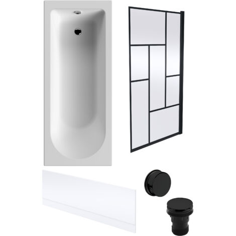 Round Single Ended 1700x700 Bath Set – Front Bath Panel & Black Abstract Framed Screen & Black Waste