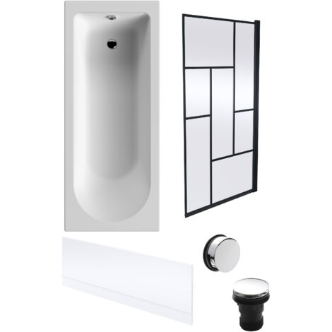 Round Single Ended 1700x700 Bath Set – Front Bath Panel & Black Abstract Framed Screen & Chrome Waste