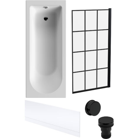 Round Single Ended 1700x700 Bath Set – Front Bath Panels & Black Square Framed Screen & Black Waste