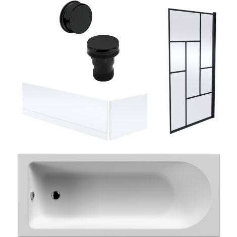 Round Single Ended 1700x700 Bath Set – Front & End Panels & Black Abstract Framed Screen & Black Waste