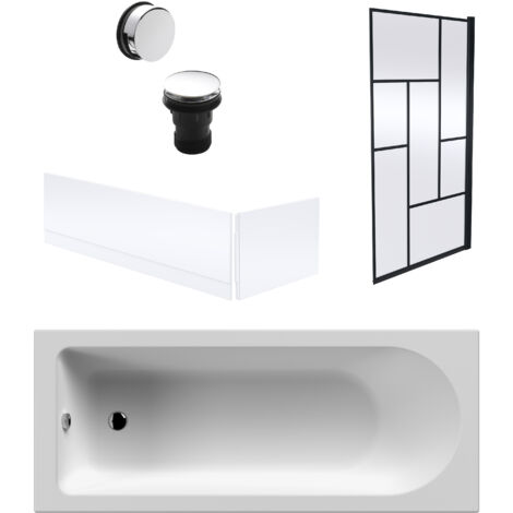 Round Single Ended 1700x700 Bath Set – Front & End Panels & Black Abstract Framed Screen & Chrome Waste