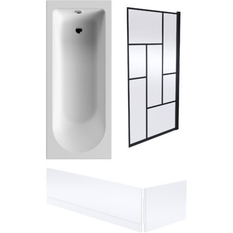 Round Single Ended 1700x700 Bath Set – Front & End Panels, Black Abstract Framed Screen & Leg Set