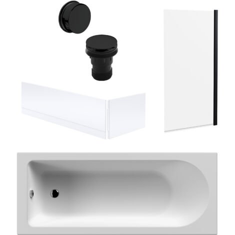 Round Single Ended 1700x700 Bath Set – Front & End Panels & Black Screen & Black Waste