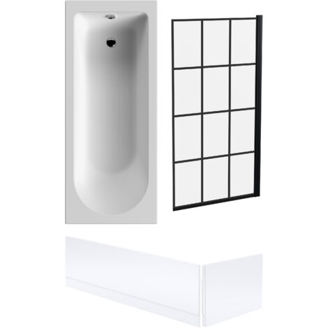 Round Single Ended 1700x700 Bath Set – Front & End Panels & Black Square Framed Screen