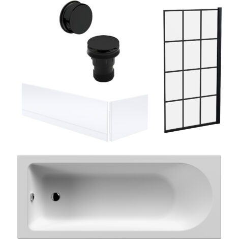 Round Single Ended 1700x700 Bath Set – Front & End Panels & Black Square Framed Screen & Black Waste