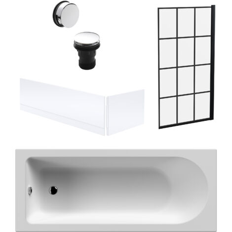 Round Single Ended 1700x700 Bath Set – Front & End Panels & Black Square Framed Screen & Chrome Waste