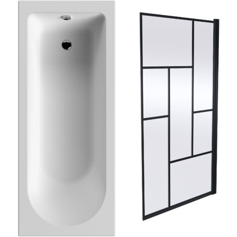 Round Single Ended 1700x700 Bath Set – Leg Set & Black Abstract Framed Screen