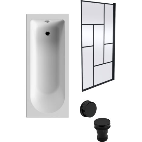 Round Single Ended 1700x700 Bath Set – Leg Set, Black Abstract Framed Screen & Black Waste