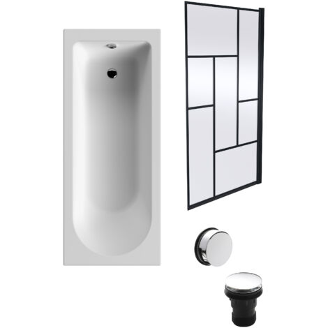Round Single Ended 1700x700 Bath Set – Leg Set, Black Abstract Framed Screen & Chrome Waste