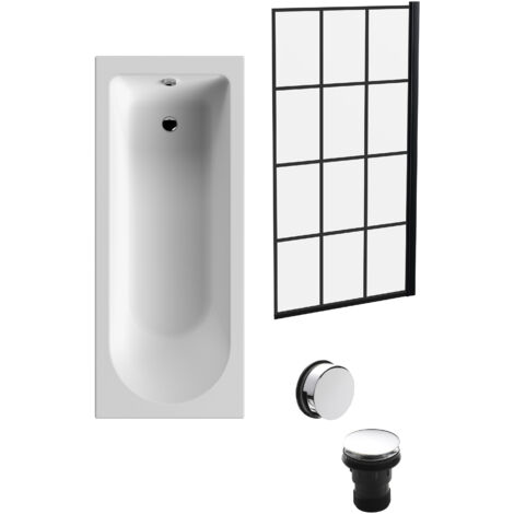 Round Single Ended 1700x700 Bath Set – Leg Set & Black Square Framed Screen & Chrome Waste