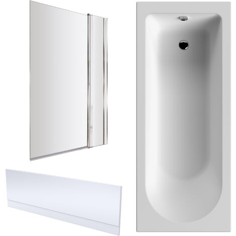 Round Single Ended 1700x750 Shower Bath Set – Front Panel, Chrome Square Bath Screen with Fixed Panel & Leg Set