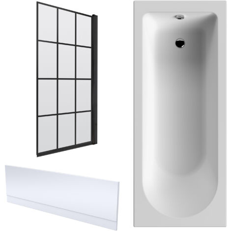 Round Single Ended 1700x750 Shower Bath Set – Front Panel, Matt Black Square Framed Screen & Leg Set
